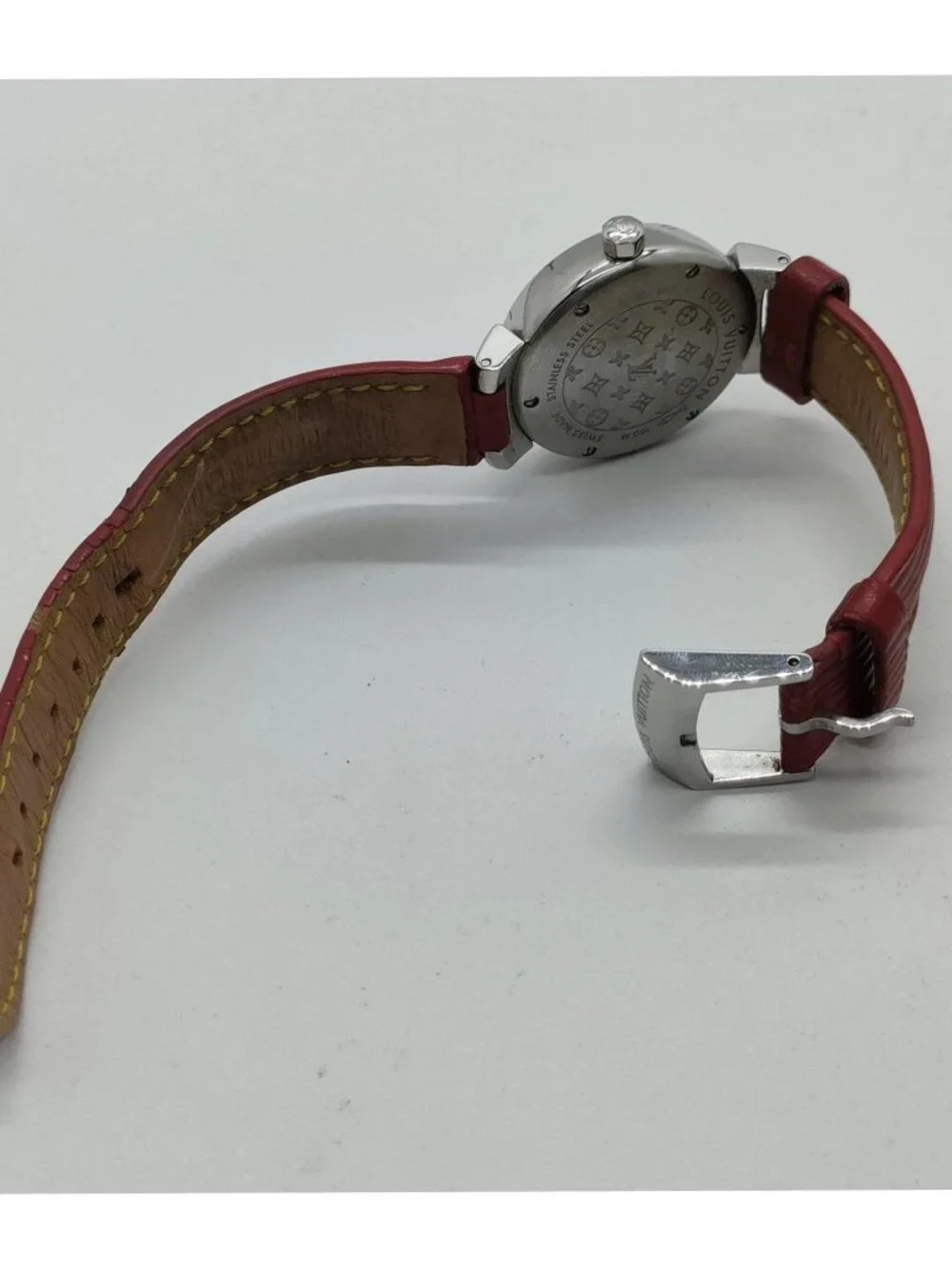 Authentic Louis Vuitton Tambour Black Dial Red Leather Strap Swiss Quartz